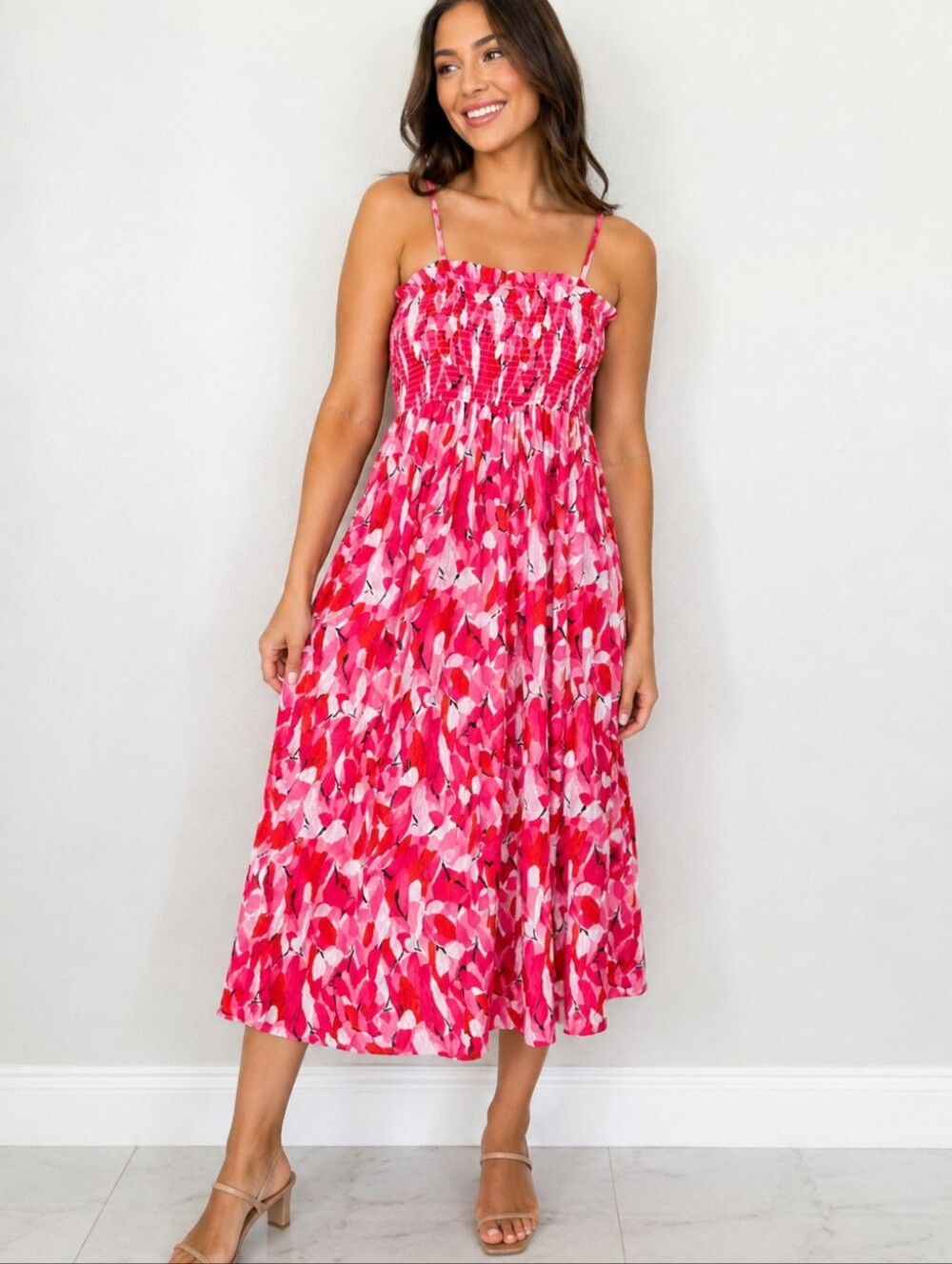 Easel Los Angeles Pink Floral Smocked Midi Dress Resort Vacation Boho Summer S